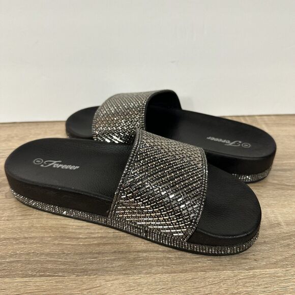 Forever Womens Slides Black Rhinestone Sandals Size 8 Slip On‎ Comfort Gemstones - Picture 1 of 7